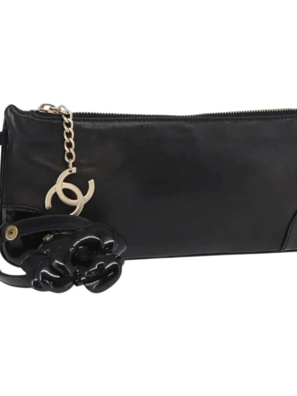 CHANEL Camelia Clutch Bag Lamb Skin Black Silver CC Auth BA9202V